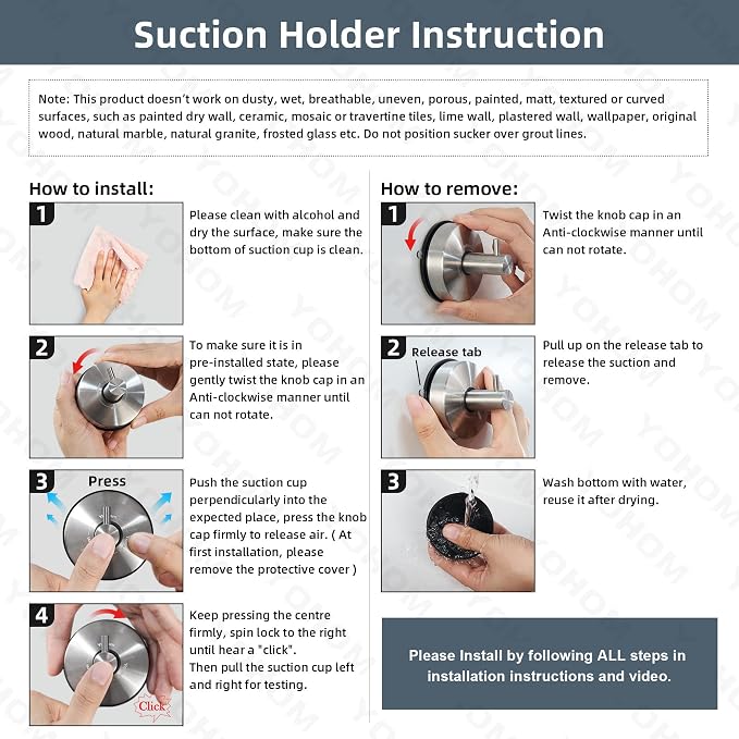 YOHOM Suction Cup Hooks Shower Towel Holder Stainless Steel Vacuum Bathroom - Image 7