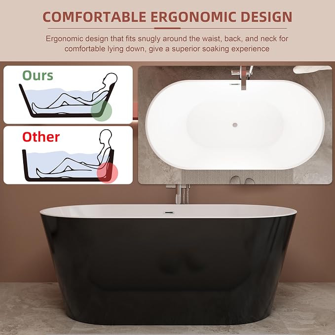 Black 59 inch Freestanding Soaking Bathtub, WHALEKING Modern Stand Alone Free - Image 2