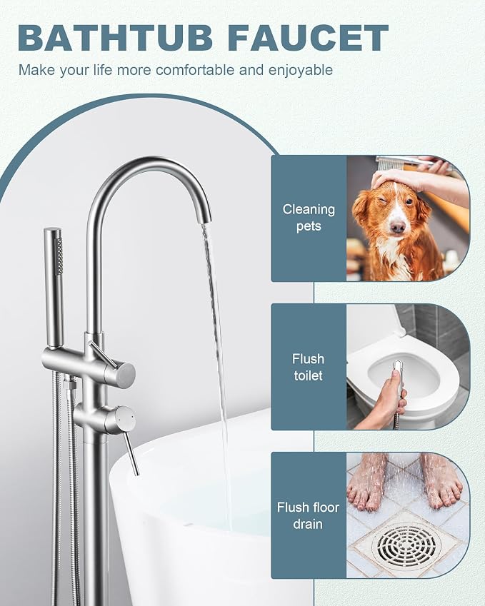 Freestanding Bathtub Faucet Brushed Nickel, Floor Mount Tub Filler, High Flow - Image 5