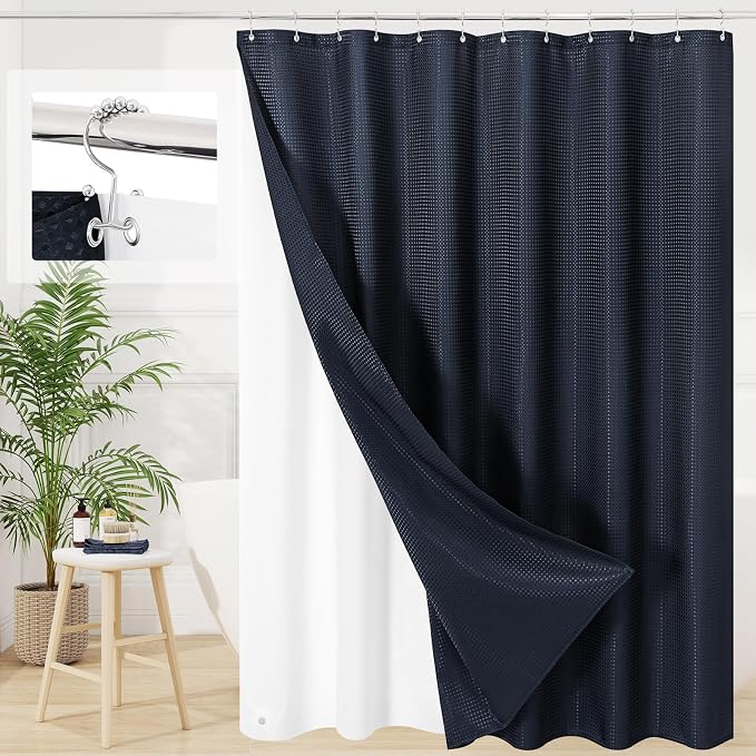 3 in 1 Long Navy Blue Shower Curtain Set-72 W x 78 H, Modern Waffle and PEVA by Unknown