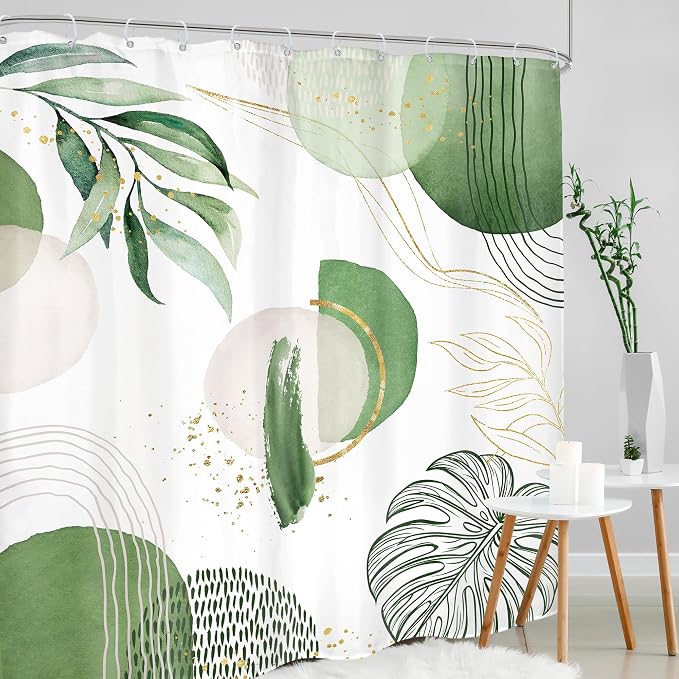 Extra Long Green Boho Shower Curtain 72Wx84H Mid Century Modern Abstract Palm - Image 3