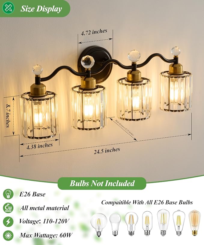 Modern Crystal Bathroom Vanity Light, Balck and Gold 4-Lights Bathroom Light - Image 3