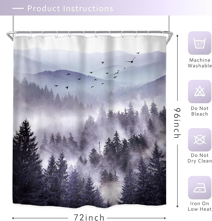 Riyidecor Purple Shower Curtain 72Wx96H Inch Extra Long Mountain Nature - Image 5