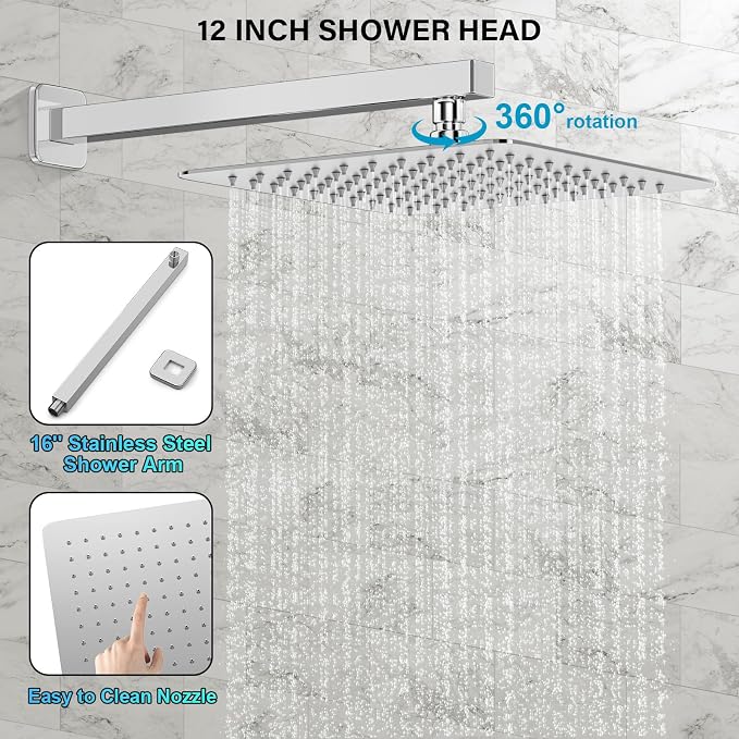 Shower Faucet Set Bathroom Square Rain Shower Head and Handle Set, Wall Mounted - Image 3