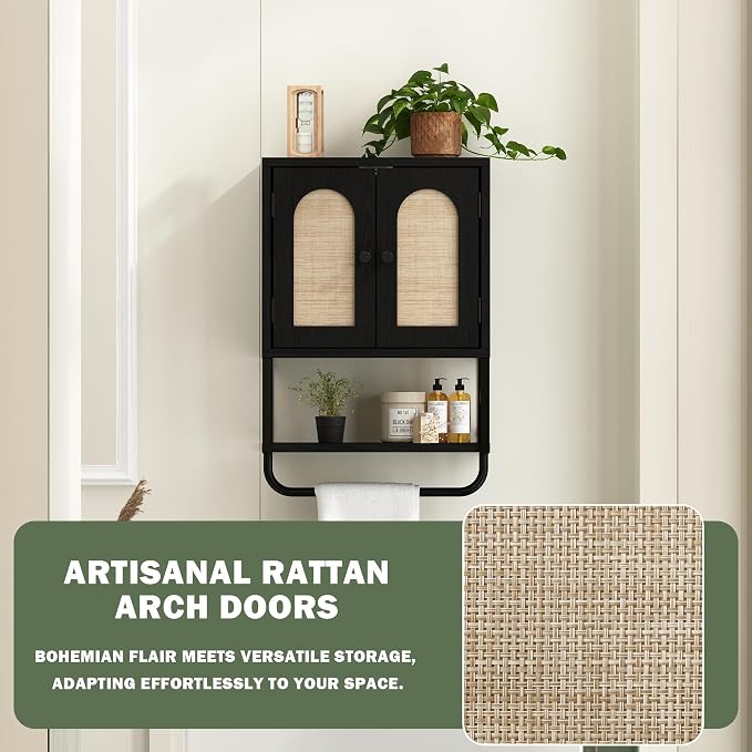 RUSTOWN Rattan Bathroom Wall Cabinet, Boho Over The Toilet Storage Cabinet - Image 7