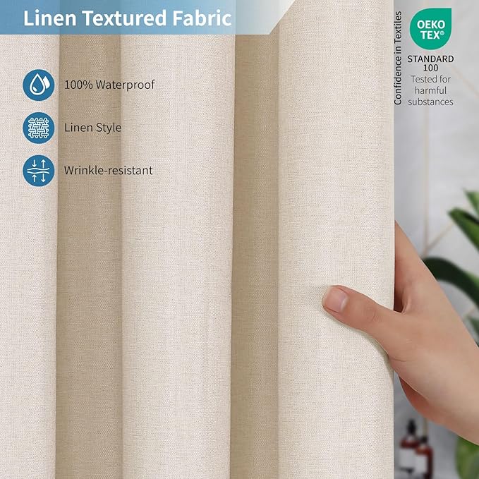 2-in-1 Waterproof Fabric Shower Curtain or Liner, Linen Textured, Breathable - Image 4