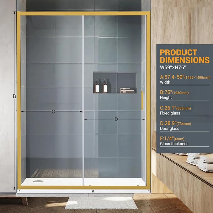 Bathroom Shower Glass Door 57.4"-59" W×76" H, Single Sliding Shower Door - Image 2