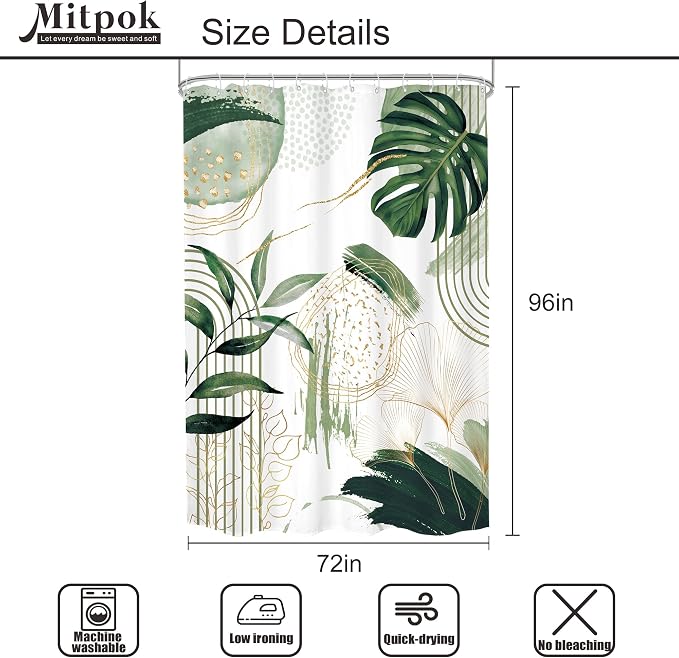 Green Boho Shower Curtain 72Wx96H Extra Long Sage Green Modern Mid Century - Image 5