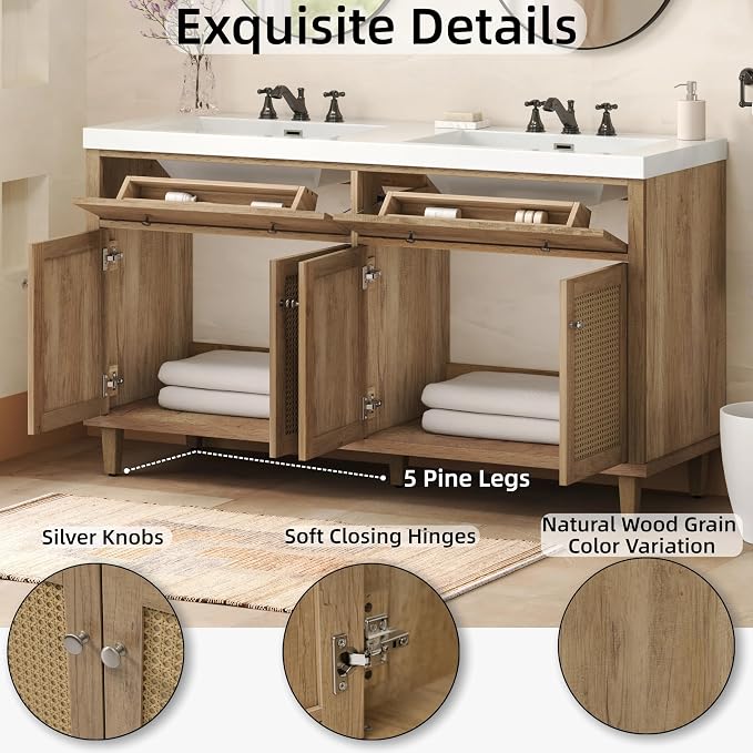 60" Bathroom Vanity with SMC Double Sink, Modern Large Storage Space with 2 - Image 4