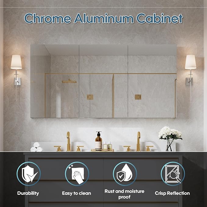 WELLFOR 60" x 30" Bathroom Medicine Cabinet, Anodized Chrome Aluminum Frame - Image 3