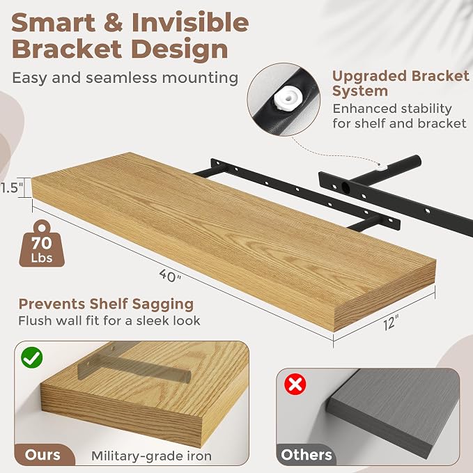 40 Inch Long Floating Shelves for Wall Set of 2, Easy Install Engineered Wood - Image 3