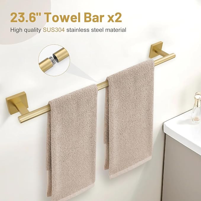 10 Pieces Brushed Gold Towel Bar Set, 23.6 Inch Bathroom Accessories Set SUS304 - Image 2