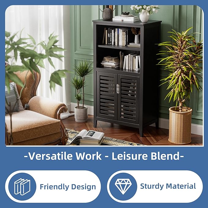 HITNET Black Bathroom Storage Cabinet, Freestanding Bamboo Floor Cabinet 5 Tier - Image 4