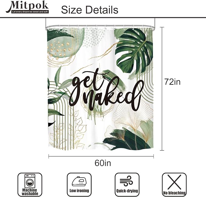 Green Boho Shower Curtain 60Wx72H Bohemian Sage Green Golden Leaves Get Naked - Image 5