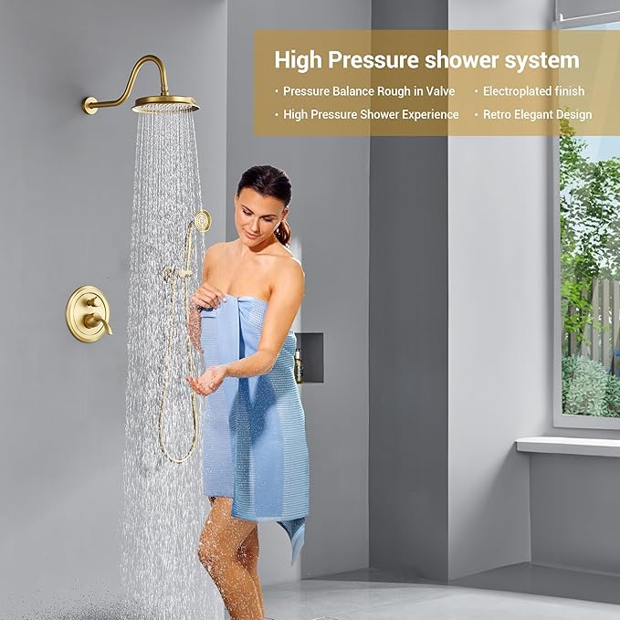 DASAN Brushed Gold Rain Shower System Complete Antique Shower Faucet Sets - Image 2
