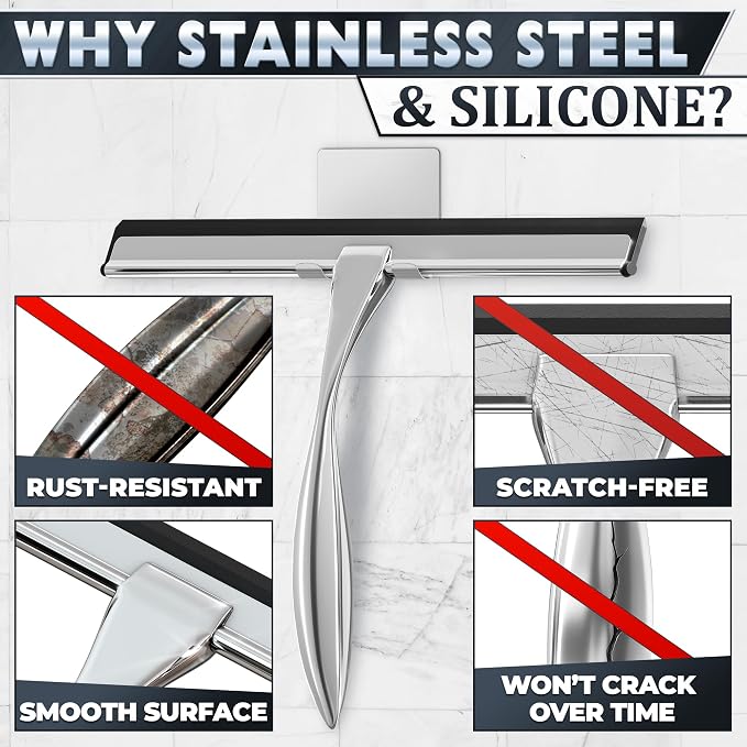 12 Inch Silver All-Purpose Stainless Steel Shower Squeegee - Image 3