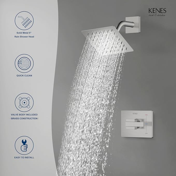 KENES Brushed Nickel 6-Inch Shower Head and Handle Set, Square Shower Faucet - Image 9