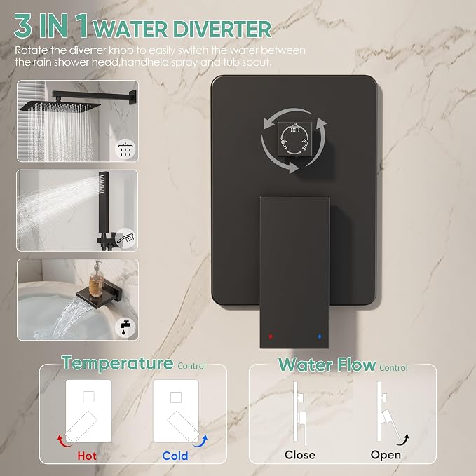 Black Tub Shower System, All Metal Tub Shower Faucet Set - Image 8