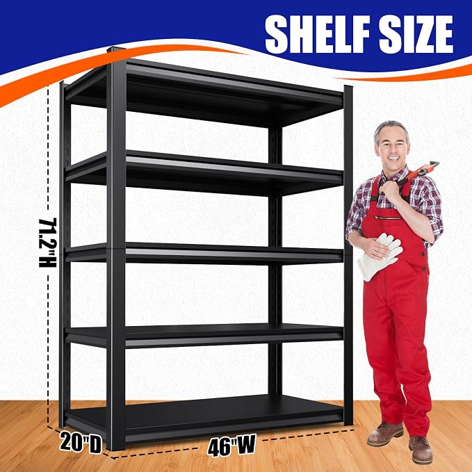 71" H-46 W Garage Shelving, 5-Tier Heavy Duty Storage Shelves, Adjustable Metal - Image 3