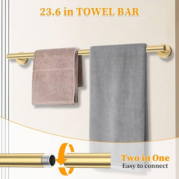 Brushed Gold Towel Bar Set 5 Pieces Round Bathroom Hardware Set Includes 23.6in - Image 2