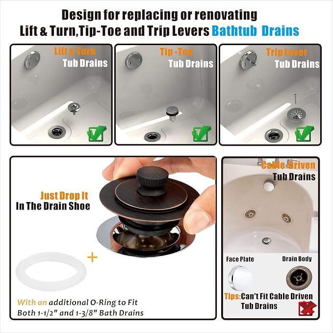 Artiwell Universal Lift and Turn Bath Drain Stopper and Cover, Bathtub Drain - Image 2