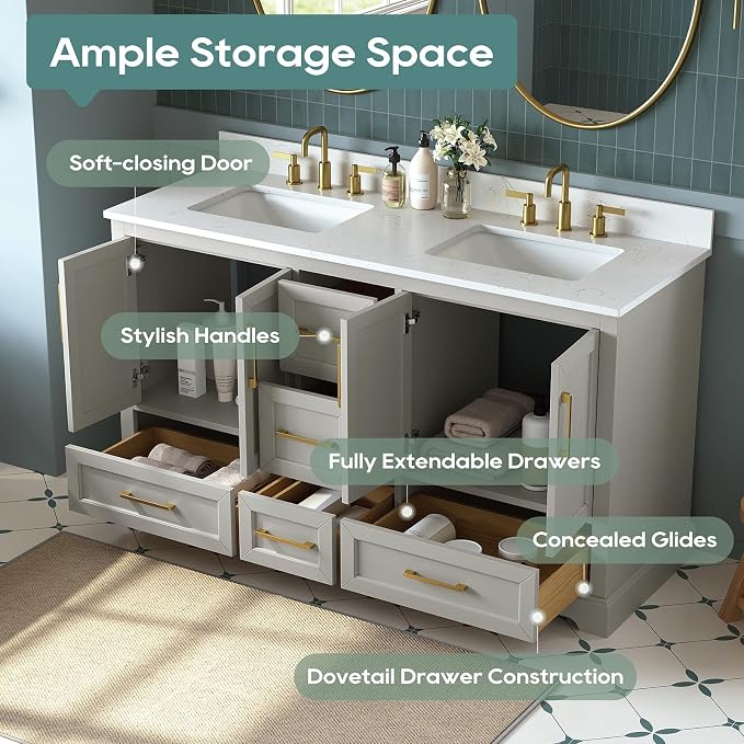 60 Inch Bathroom Vanity with Double Sink Combo, Solid Wood Frame with Mable Top - Image 5