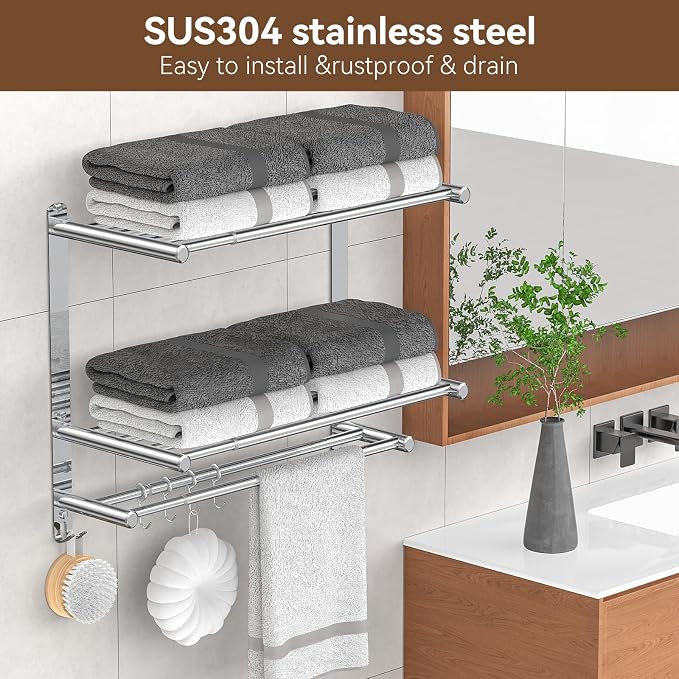 Bathroom Towel Rack with Shelf and Towel Bar, 2-Tier Expandable SUS304 - Image 6