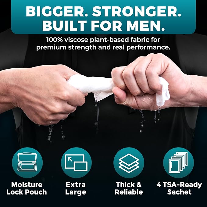 XL Body Wipes for Men – 50 No Rinse Shower Sheets + 4 Travel Bath Sachets - Image 5