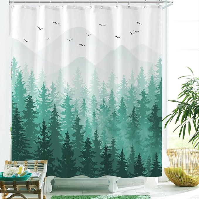 Aipon Teal Misty Forest Shower Curtain Ombre Nature Tree Plants Shower Curtains - Image 3