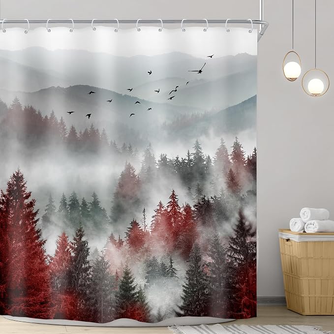 Riyidecor Red Black Mountain Shower Curtain 72Wx72H Inch Nature Scenery Foggy - Image 2