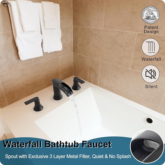 Solid Brass Waterfall Bathtub Faucets Set, 3 Hole Matte Black Tub Faucet 2 - Image 2