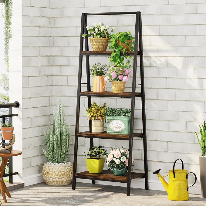 Homeiju 4-Tier Leaning Ladder Bookshelf, Rustic and Wood Ladder Shelf Bookcase - Image 5
