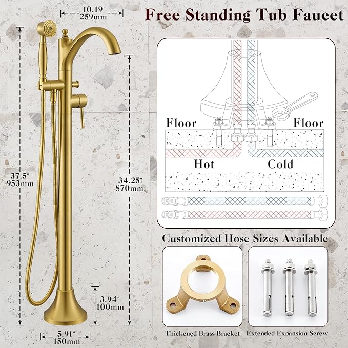 Free Standing Tub Faucet, Brushed Gold Classic Freestanding Bathtub Faucet - Image 6