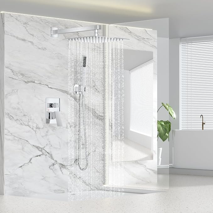 Shower Faucet Set Bathroom Square Rain Shower Head and Handle Set, Wall Mounted - Image 2