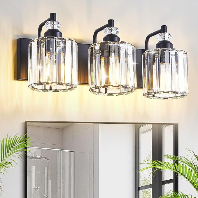 3-Light Black Bathroom Light Fixtures Over Mirror Modern Vanity Lights Crystal by Zqoyn