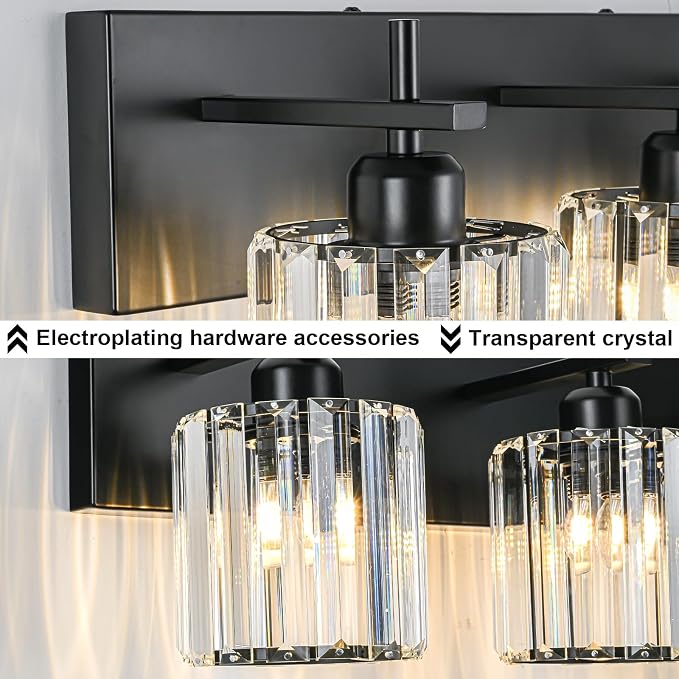 Black Crystal Bathroom Vanity Lights, Modern 3-Lights Bathroom Lighting - Image 4