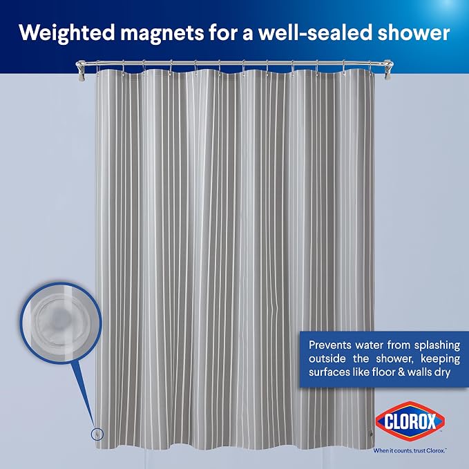 CLOROX Shower Curtain Liner, Premium Striped Medium-Weight Durable Waterproof - Image 8