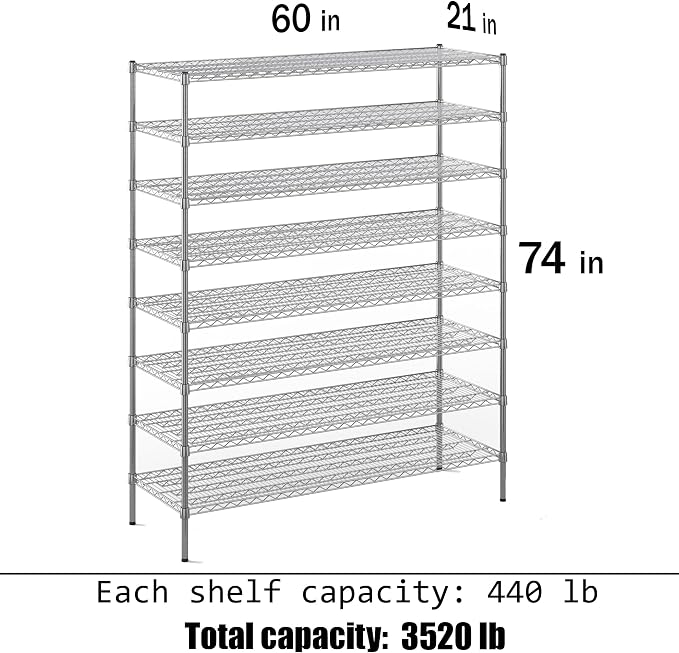 21" Deep x 60" Wide x 74" Height Wire Shelving Kit | 8-Tier | NSF Commercial - Image 3