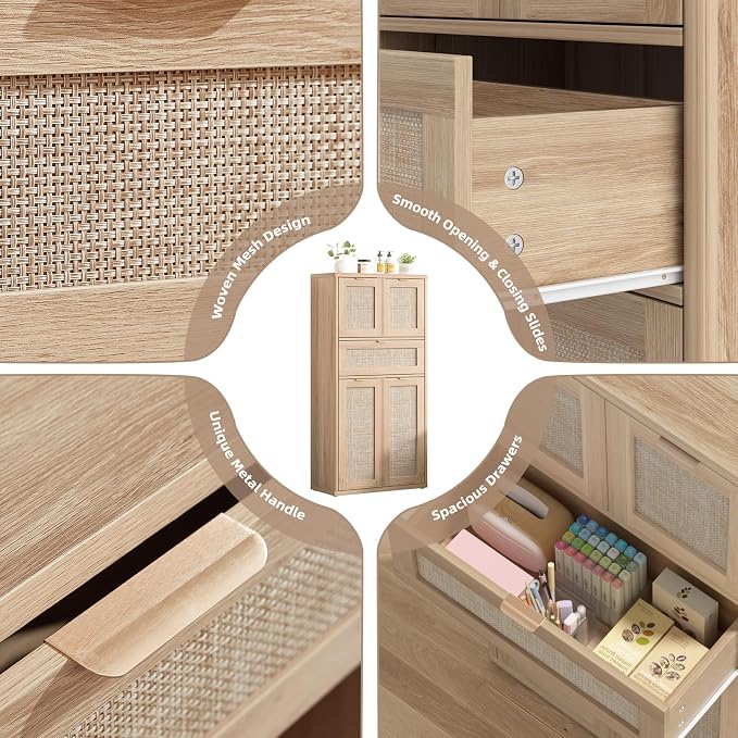 LEYAOYAO 48" Tall Storage Cabinet Set of 2, Rattan Bathroom Floor Cabinets - Image 8