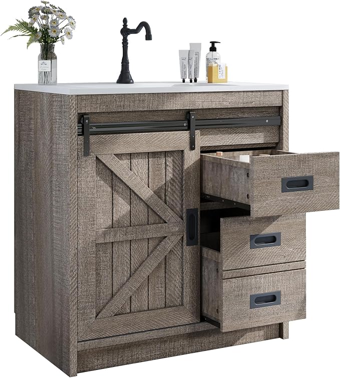31" Farmhouse Sliding Barn Door Bathroom Vanity - Image 9