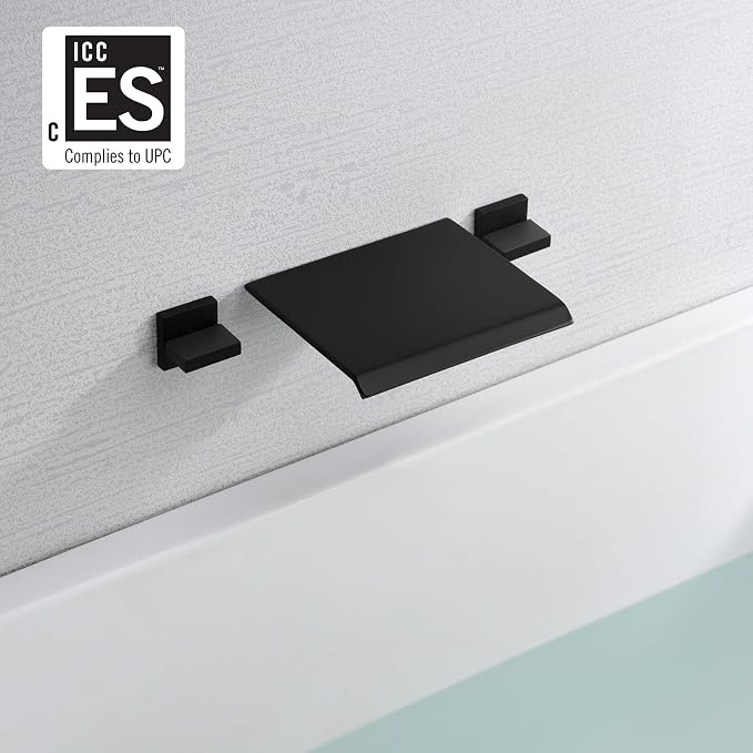 SUMERAIN Matte Black Wall Mount Bathtub Faucet Waterfall Tub Filler Two Handles - Image 2