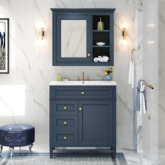 30" Bathroom Vanity with Matching Medicine Cabinet, Modern Sink Storage Cabinet by Virubi