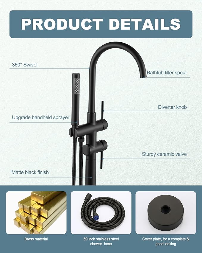 Freestanding Bathtub Faucet Matte Black: Floor Mount Tub Filler, High Flow - Image 4