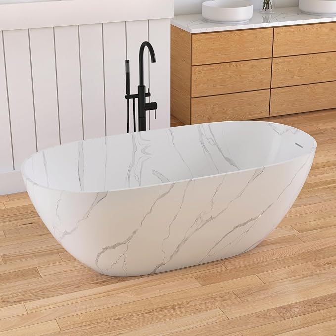 63 '' Stone Resin Freestanding Bathtub, Elegant Oval Shape Soaking Tub - Image 9