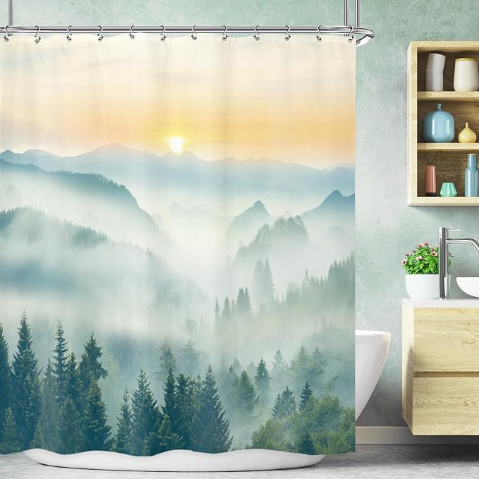 Riyidecor Misty Mountain Shower Curtain 60Wx72H Inch Green Spring Scenery by Riyidecor