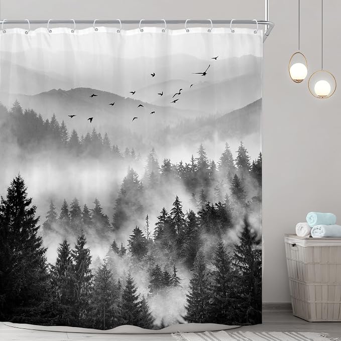 Riyidecor Extra Long Black and White Shower Curtain 72Wx78H Inch Foggy Scene - Image 2