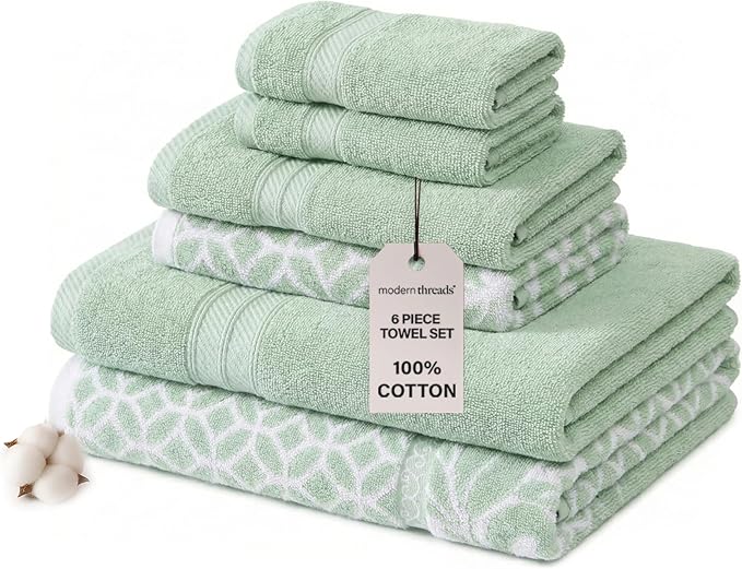 Modern Threads Trefoil Filigree 6-Piece 100% Cotton Towel Set – Reversible Yarn by ModernThreads