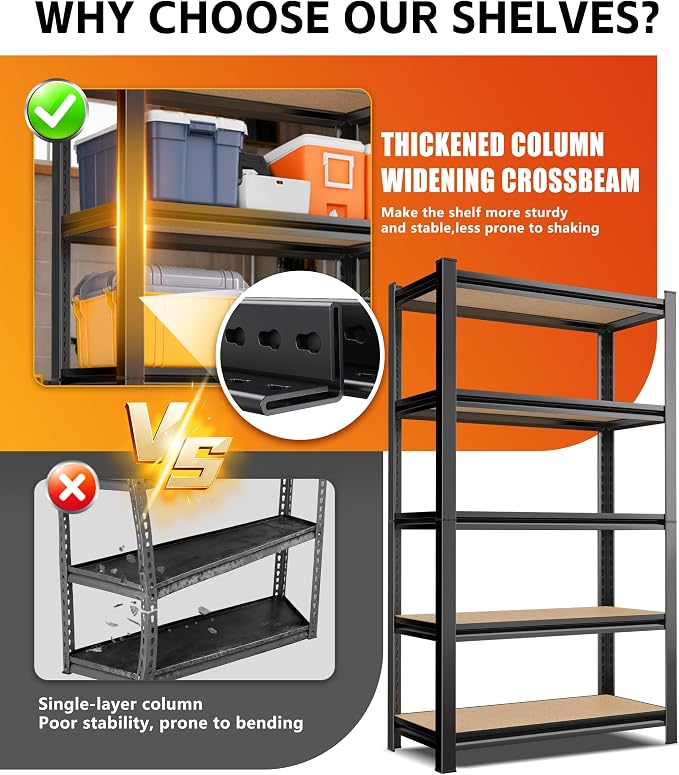 Set of 2 Heavy Duty Garage Shelving, 5-Tier Storage Shelves, 2000LBS Metal Shelf - Image 5