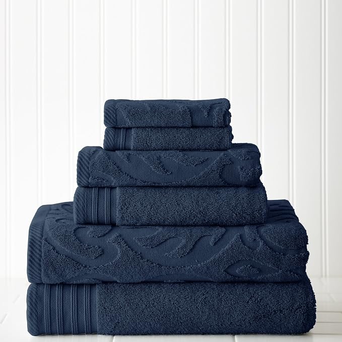 Modern Threads 6 Piece Jacquard/Solid Towel Set-Medallion Swirl Denim - Image 2