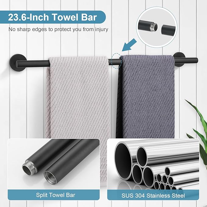 TQKAG Matte Black Bathroom Hardware Set 5 Pieces, SUS304 Stainless Steel Towel - Image 2